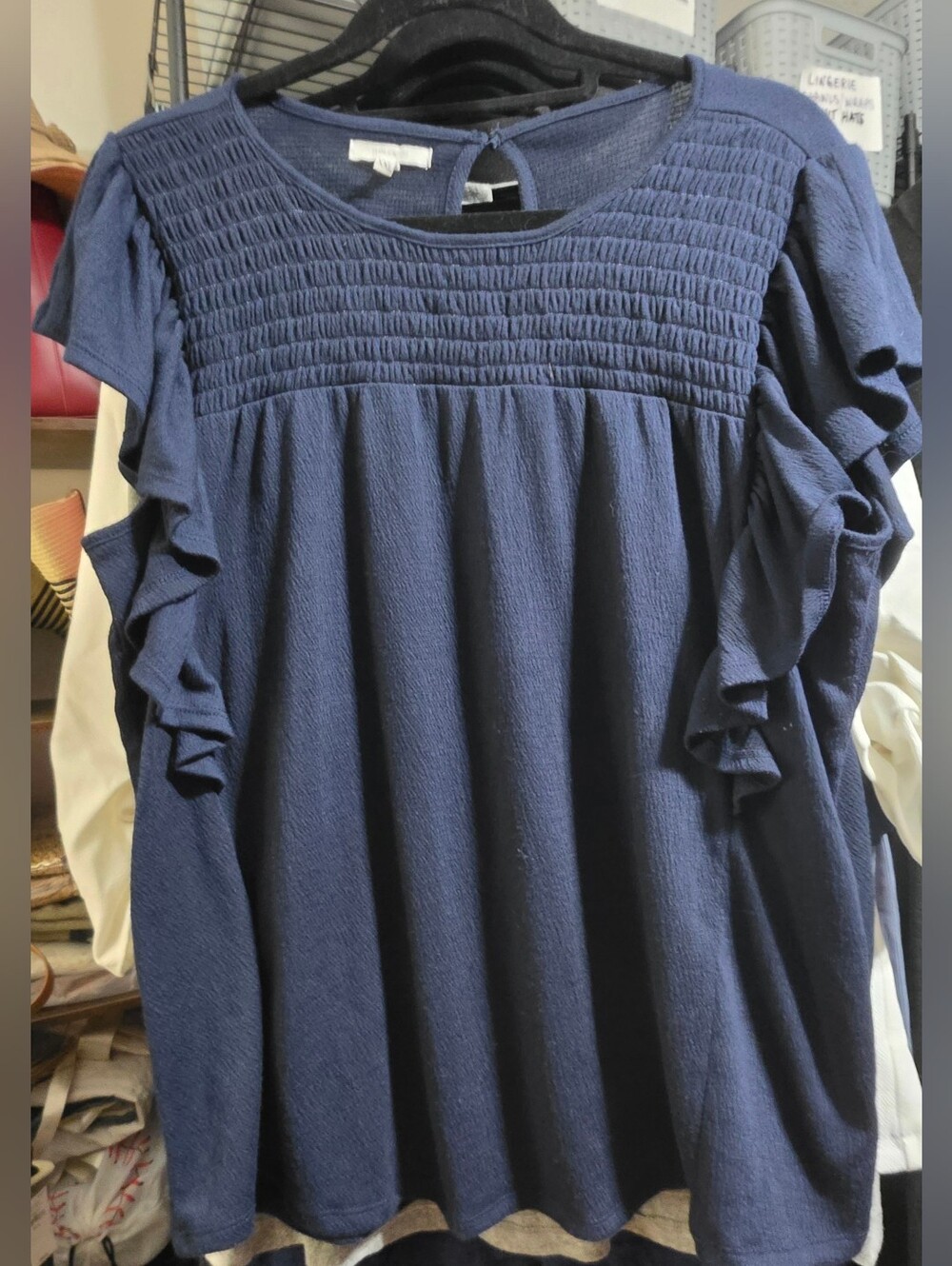 Navy Smocked Yoke Ruffle Sleeve Top